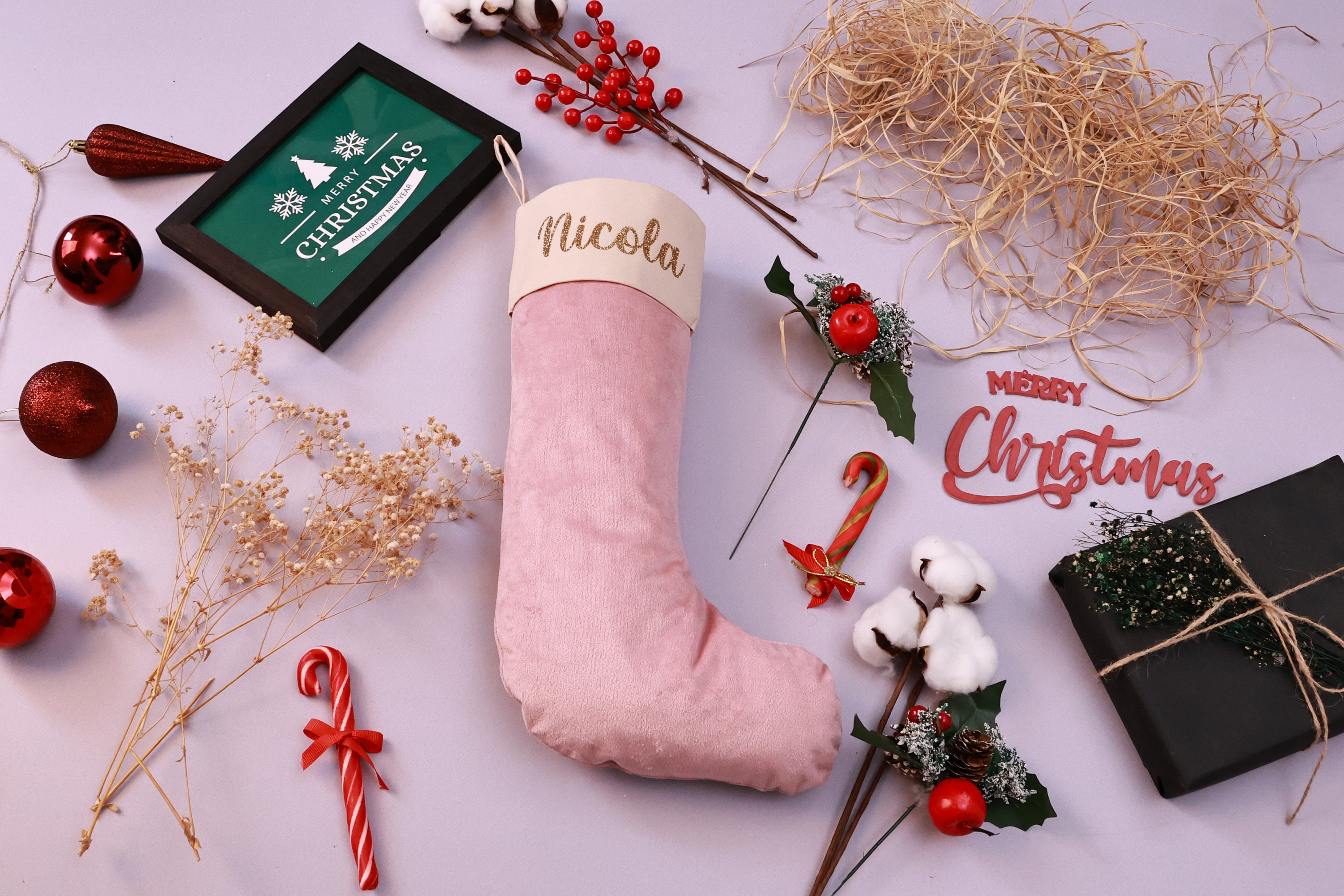 Personalised Velvet Christmas Stocking - Custom Name Holiday Decor - Perfect Xmas Gift - 1 Stocking - Personalized Christmas Decoration