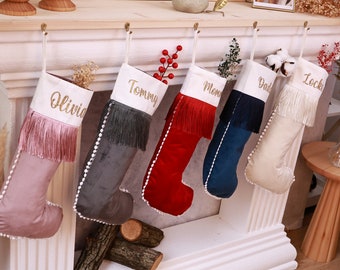 Custom Velvet Xmas Stocking with Tessels - Custom Name Holiday Decor - Perfect Christmas Gift - Personalized Christmas Stockings Decoration