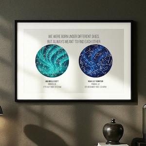 Impression personnalisée de carte des étoiles pour couple - Deux cartes du ciel - Cadeau impression d'art personnalisé pour fiançailles de mariage - Cadeau d'anniversaire pour petit ami petite amie