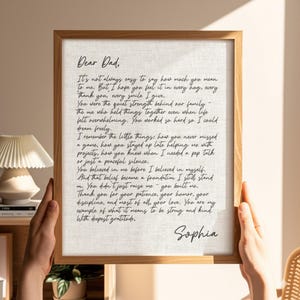Mensaje enmarcado personalizado para papá: Impresión manuscrita personalizada en tela: Cumpleaños, recuerdo y regalo para el Día del Padre para niños.