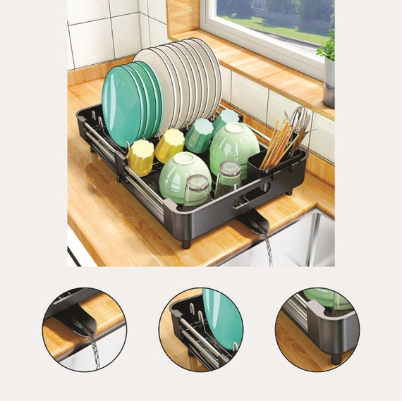 Kitchen Dish Drainer Rack, Dish Drying Rack, Dish Rack and Drainboard Set,  Expandable Stainless Steel Sink Organizer 