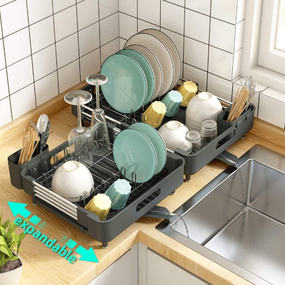 Dish Drying Rack, Kitchen Dish Drainer Rack, Expandable(13.2-19.7) Stainless  Steel Sink Organizer Dish Rack and Drainboard Set with Utensil Holder Cups  Holder for Kitchen Counter 