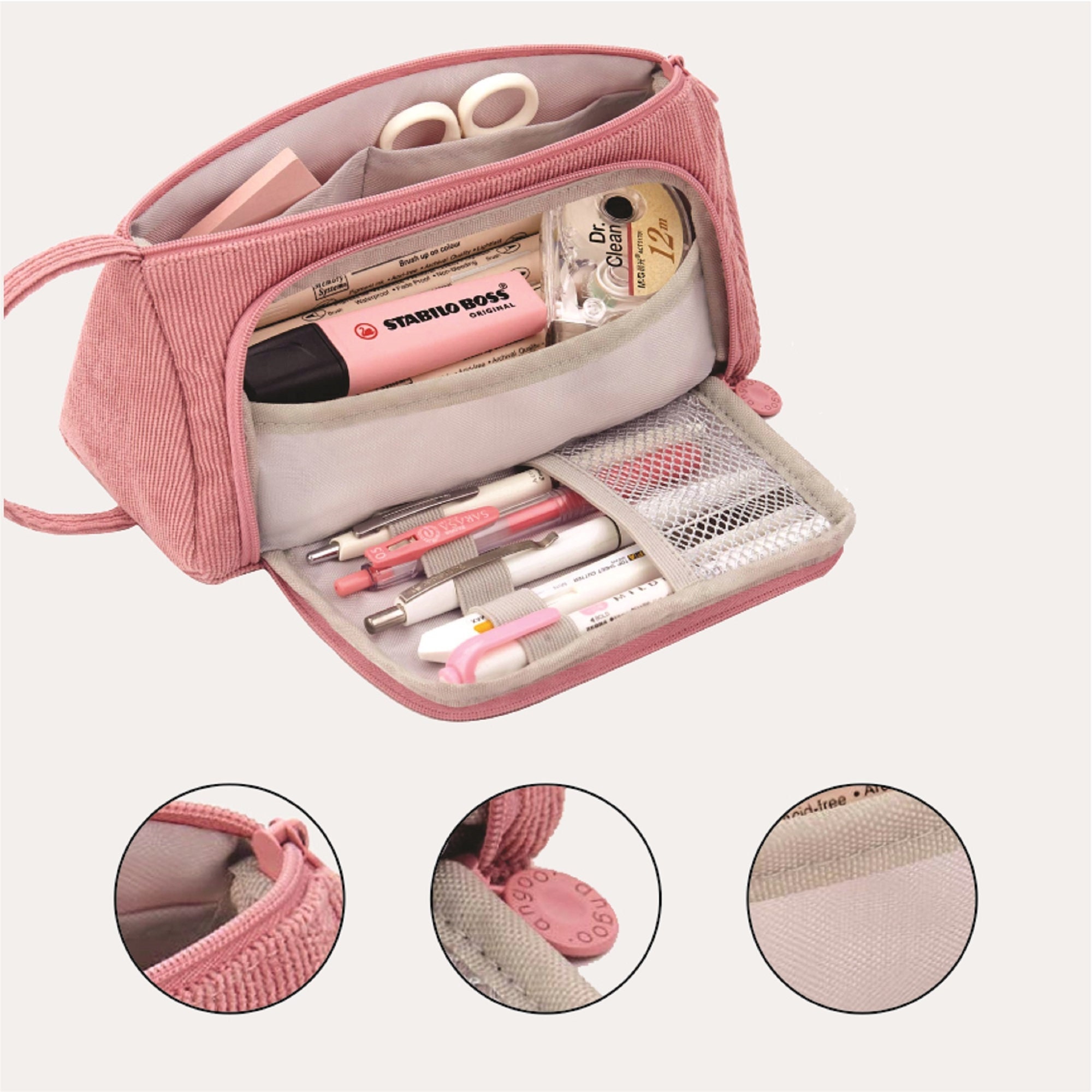 ANGOO 2 Pcs Large Pencil Case Big Capacity 3 Compartments Canvas Pencil  Pouch, White Pink & Grey