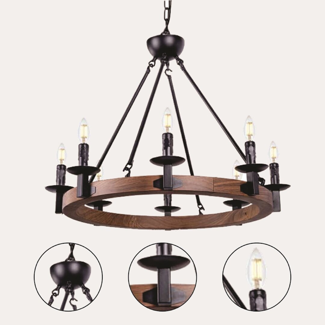 Farmhouse Wagon Wheel Chandelier Light, Candle Style Wagon Wheel