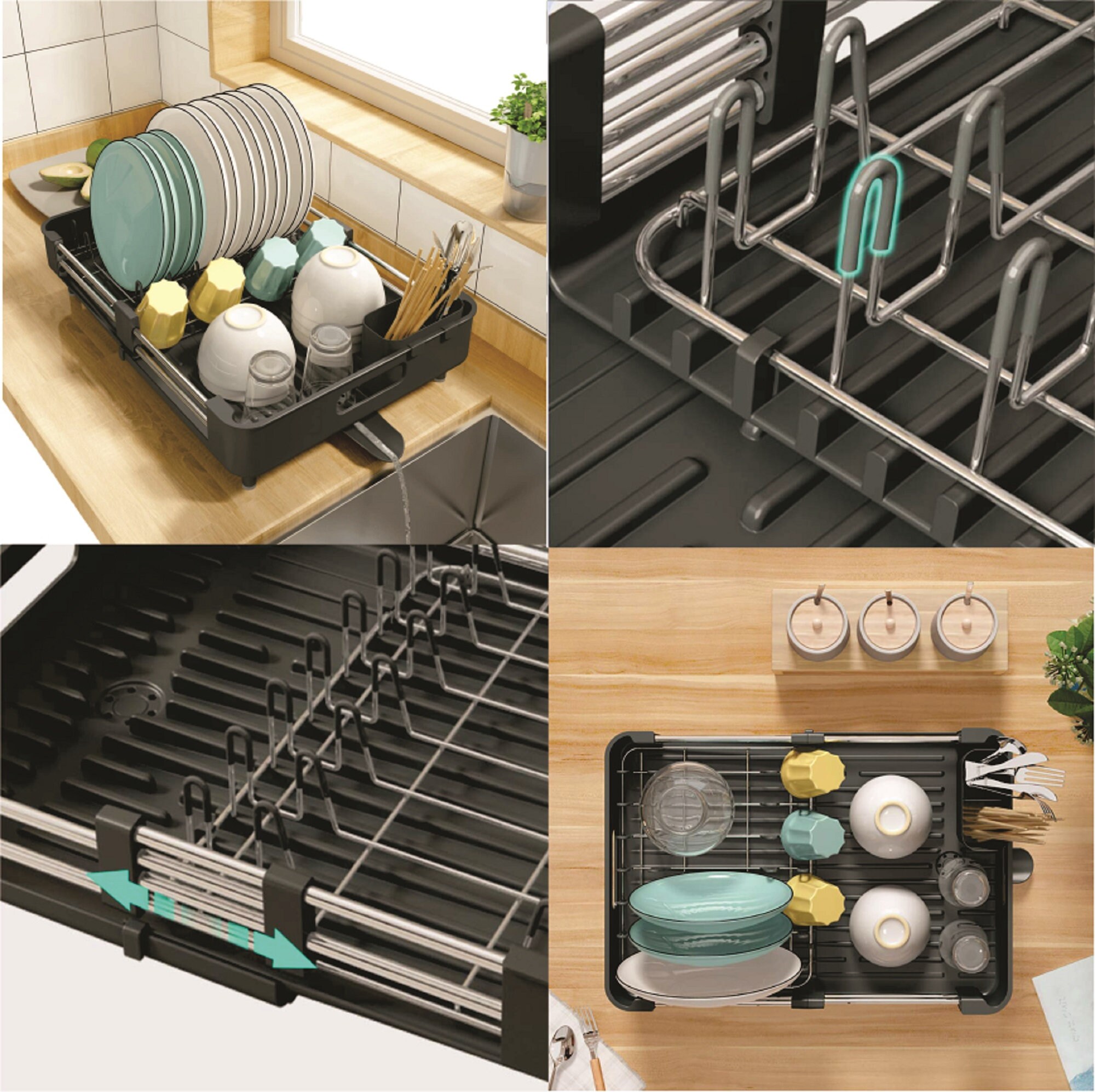 Dish Drying Rack, Kitchen Dish Drainer Rack, Expandable(13.2-19.7)  Stainless Steel Sink Organizer Dish Rack and Drainboard Set with Utensil  Holder Cups Holder for Kitchen Counter 