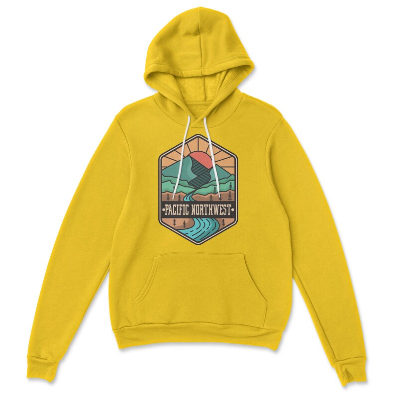 May include: Yellow hoodie with a graphic of a mountain range, a river, and a sun with the text "PACIFIC NORTHWEST" in a hexagon.