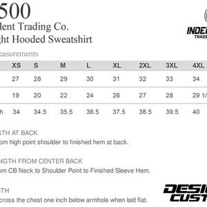 May include: Size chart for a midweight hooded sweatshirt, showing measurements in inches for body length, body width, and sleeve length. Sizes range from XS to 5XL.