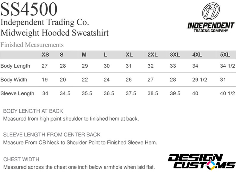 May include: Size chart for a midweight hooded sweatshirt, showing measurements in inches for body length, body width, and sleeve length. Sizes range from XS to 5XL.