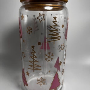 Boîte de conserve de Noël rose et or | Arbre de Noël en verre de canette de bière | Cadeaux des Fêtes | Boîte en verre de café glacé | Noël rose | Tasse en verre | Rose