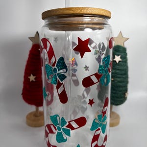 Festive Candy Cane Glass Can Cup| Christmas Holiday Decor| Eco-Friendly Holiday Gift| Unique Holiday Party Accessory| Holiday Glass Cup|