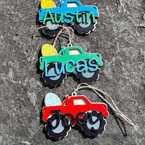 Monster Truck-label voor paasmandje|Houten label voor paashaas|naamlabel paasmandje| Tags vrachtwagens|Pasdecoratie| Paaslabel|Aangepaste naam paascadeau