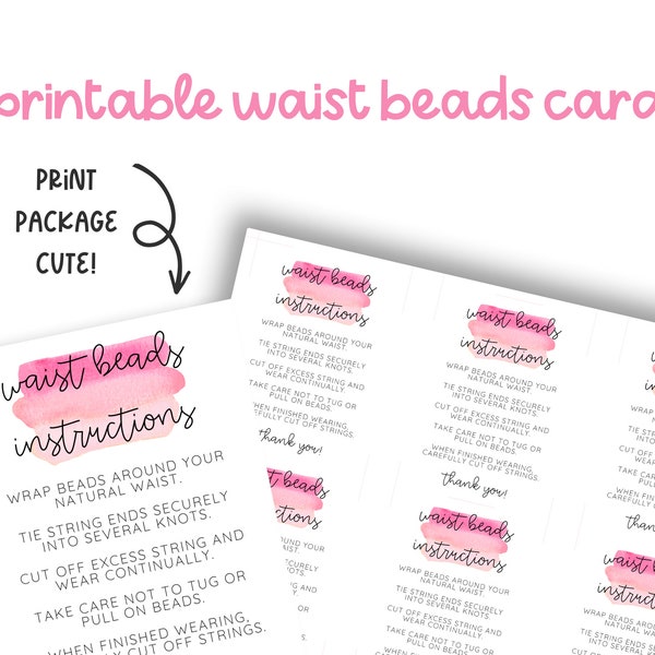 Tie On Waist Beads Instruction Card, Waistbead Instructions, Waist Bead Card, Waist Beads Care Printable, Jewelry Care Printable Card