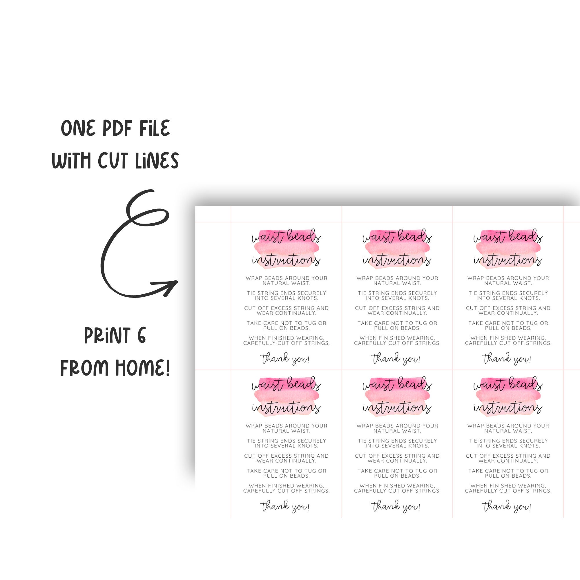 Tie on Waist Beads Instruction Card Waist Bead Instructions Waist Bead Card Waist Beads Care Printable Jewelry Care Printable Card Etsy