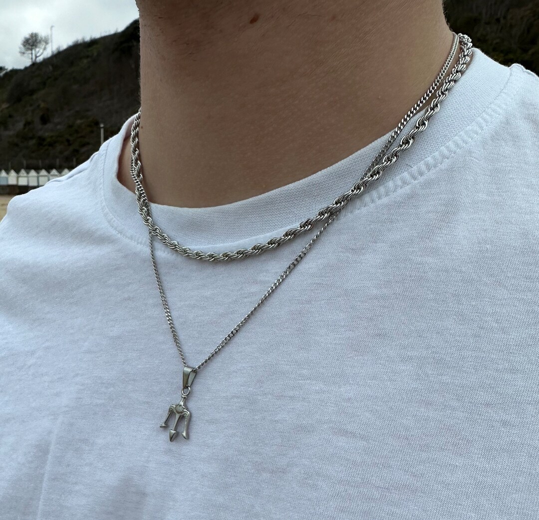 Silver Trident Necklace Mens Silver Rope Chain Mens Silver Etsy