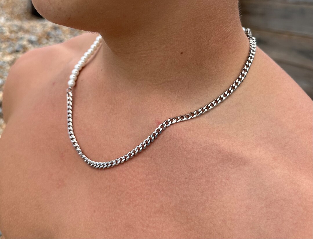 Mens Pearl Necklace, Half Pearl Half Cuban Chain Necklace Mens , 6mm
