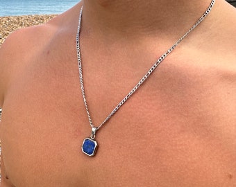Royal Blue Lapis Lazuli Pendant Necklace | Onyx Pendant Necklace | White Pearl Mens Stone necklace | Stainless Steel | Mens Silver Necklace