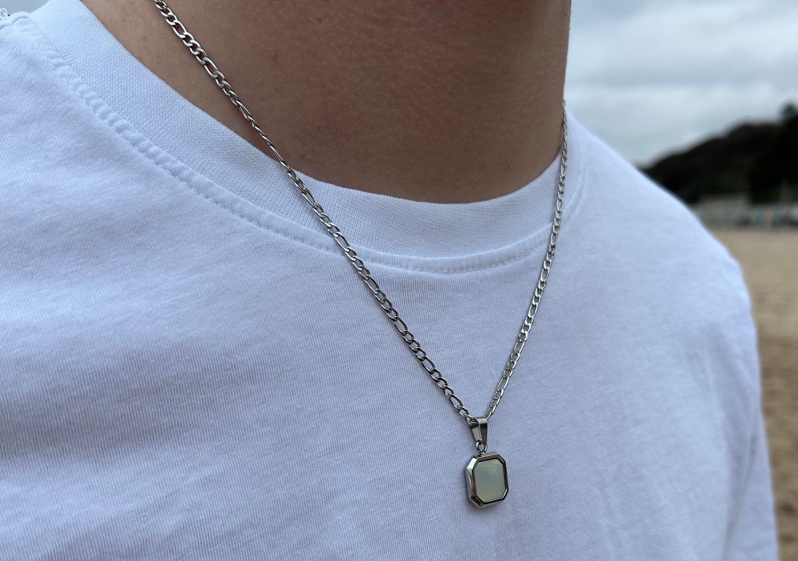 White Shell Stone Pendant Mens Silver Pendant Necklace Etsy UK