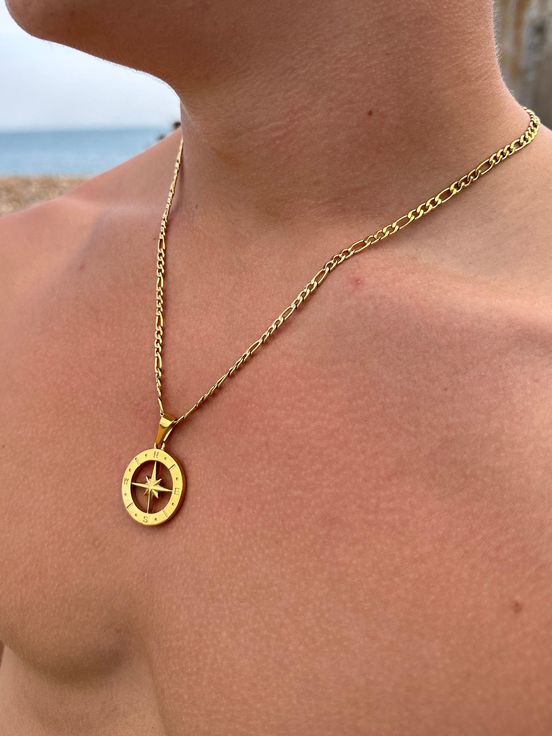 Men's Vintage Multi Layered Compass Pendant Necklace, Faux Pearl