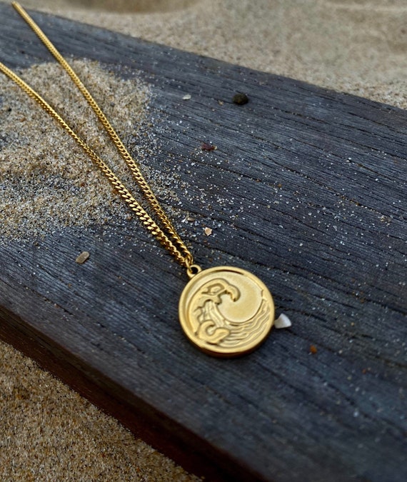 Gold Wave Necklace Mens Minimalist Gold Coin Pendant Mens Wave