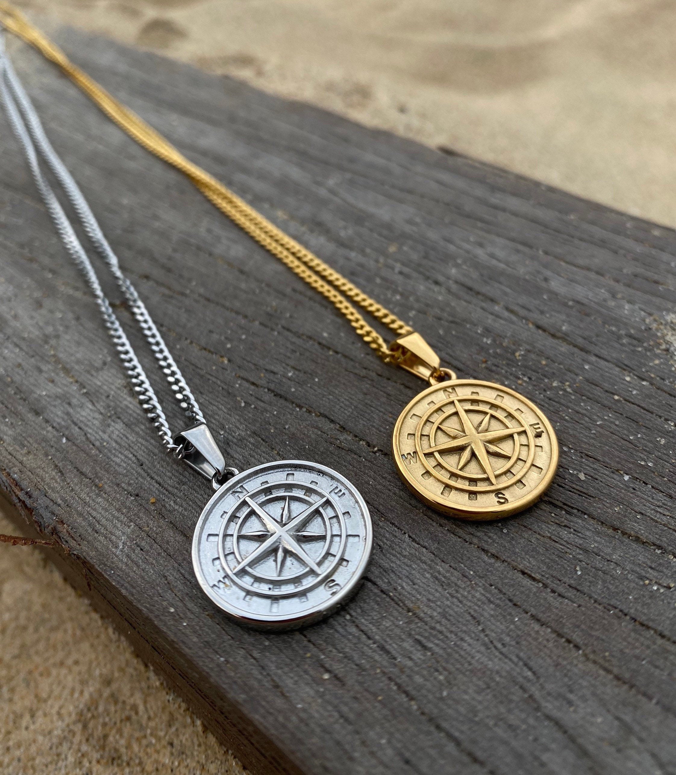 Gold North Star Compass Necklace Mens Gold Compass Pendant Etsy UK