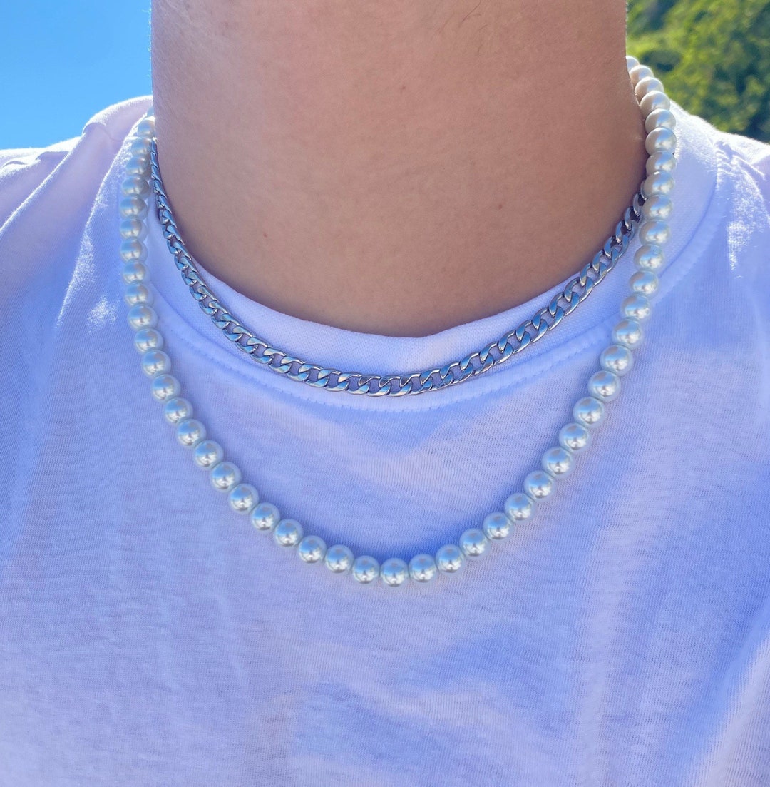 Mens Pearl Necklace 8mm Pearl Necklace With 6mm Cuban Curb Etsy