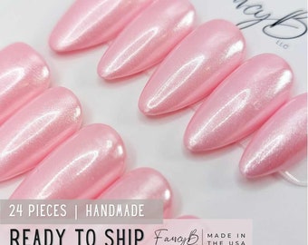 Light Pink Glazed Chrome Handmade Press on Nails | 24pcs Ready to Ship!