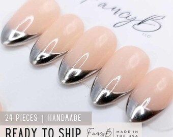 Smooth Chrome French Tip Handmade Press on Nails | 24pcs Ready to Ship!