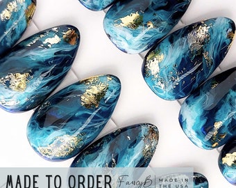 Blue Marble Ocean Nails | 10pc Custom Press on Nails | Sizes Needed