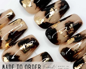 Tortoiseshell Lux with Gold Flakes | 10pc Custom Press on Nails | Sizes Needed