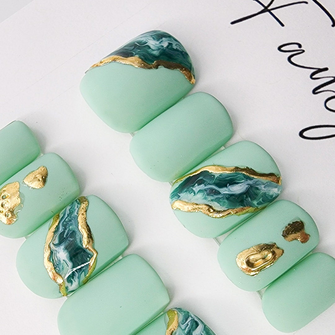 Jasper & Gold Press on Nails Matte Jasper With Marbleized Etsy