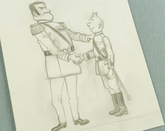 1976 Oeuvre d'art conçue par les studios Herge : Alcazar et Tintin en graphite 100 % original