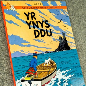 May include: A comic book cover featuring a cartoon character in a red and blue outfit, a white dog, and a boat on the water. The title of the book is "YR YNYS DDU" and the author is "Herge".