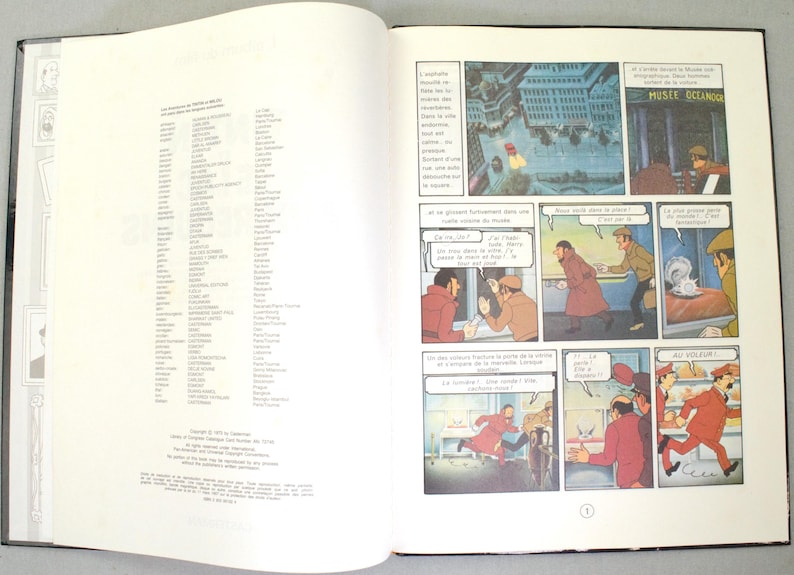 May include: An open book featuring comic strip panels and text in French. The panels depict a story with characters in coats and hats. The left page lists names. The right page has a comic strip with the words "MUSEE OCEANCO".