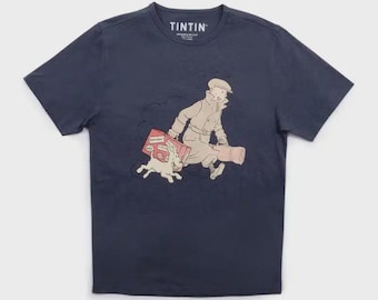 Moulinsart Tintin & Snowy Homecoming Adult T-Shirt: Navy Cotton T Shirt S - 3XL ML Hergé