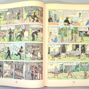 K&ouml;nnte beinhalten: Offenes Buch mit farbenfrohen Comic-Strip-Illustrationen. Die Comic-Panels zeigen Szenen mit Charakteren in verschiedenen Situationen, darunter Polizisten, ein Junge mit einem Hund und ein brennendes Geb&auml;ude. Die Seiten sind gealtert mit einem roten Buchr&uuml;cken.