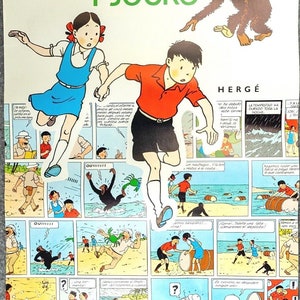 Może przedstawiać: Winietkowy plakat komiksowy z postaciami Jo, Zette i Jocko. Plakat jest w języku hiszpańskim i przedstawia kolorową ilustrację postaci w dżungli. Tekst na plakacie brzmi "JO, ZETTE Y JOCKO" i "HERGÉ".