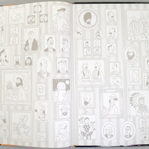 May include: An open book with a double-page spread featuring numerous framed portraits in black and white. The portraits are of various sizes and styles, set against a backdrop of vertical gray and white stripes.