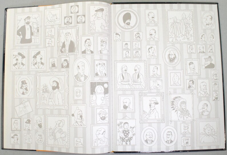 May include: An open book with a double-page spread featuring numerous framed portraits in black and white. The portraits are of various sizes and styles, set against a backdrop of vertical gray and white stripes.