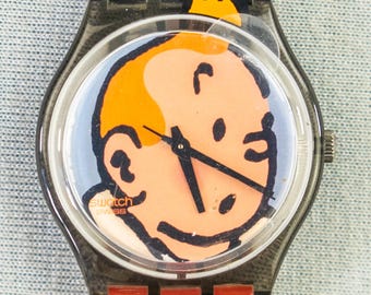 【不動】swatch スウォッチ TINTIN タンタン 時計 Moulinsart Tintin Swatch Swiss Watch Red Black Strap Unisex