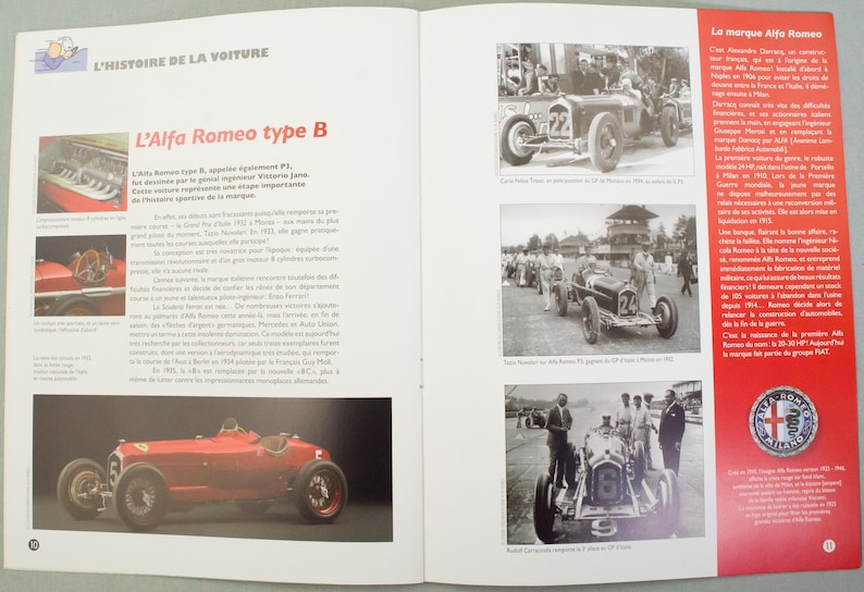 Pu&ograve; includere: Una pagina di rivista con la storia dell'auto da corsa Alfa Romeo Type B. La pagina include immagini dell'auto, insieme a testo in francese. L'auto &egrave; rossa e ha un design classico.