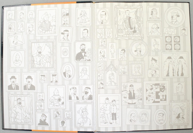 May include: Open book spread featuring numerous framed illustrations of characters, set against a striped background. The illustrations are in black and white, with varying sizes and styles. The book's edges are black, with an orange stripe.