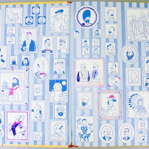 May include: An open book with blue and white striped pages, filled with framed illustrations of various people. The illustrations are in a cartoon style, with a blue outline and white fill. The book has a yellow border.