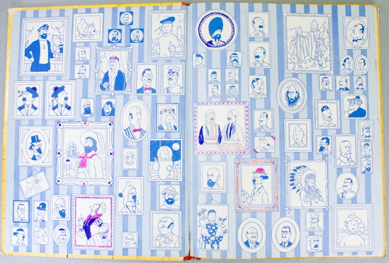 May include: An open book with blue and white striped pages, filled with framed illustrations of various people. The illustrations are in a cartoon style, with a blue outline and white fill. The book has a yellow border.