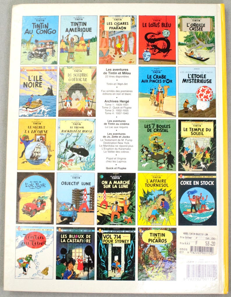 K&ouml;nnte beinhalten: Eine Sammlung von Tintin-Comic-Covern auf Franz&ouml;sisch. Die Cover zeigen farbenfrohe Illustrationen mit Titeln wie "Tintin au Congo", "Tintin en Am&eacute;rique" und "Le Lotus Bleu". Die B&uuml;cher sind in Reihen angeordnet.