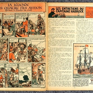 K&ouml;nnte beinhalten: Eine alte Comicbuchseite mit der Geschichte La L&eacute;gende des Quatre Fils Aymon mit mehreren illustrierten Panels, einem Abschnitt mit dem Titel Les Entretiens du Capitaine Haddock mit einem Kapit&auml;n und Petite Histoire de la Marine.