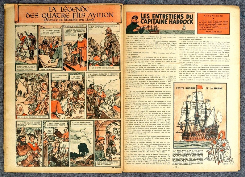 K&ouml;nnte beinhalten: Eine alte Comicbuchseite mit der Geschichte La L&eacute;gende des Quatre Fils Aymon mit mehreren illustrierten Panels, einem Abschnitt mit dem Titel Les Entretiens du Capitaine Haddock mit einem Kapit&auml;n und Petite Histoire de la Marine.