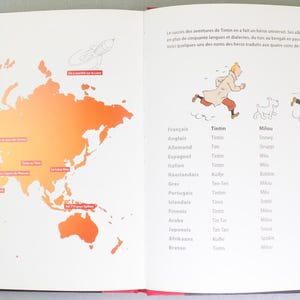 May include: A double-page spread from a book featuring a world map in shades of orange and red, with text in French. The right page shows cartoon figures running, with a list of names below. The text reads "Une vocation internationale."