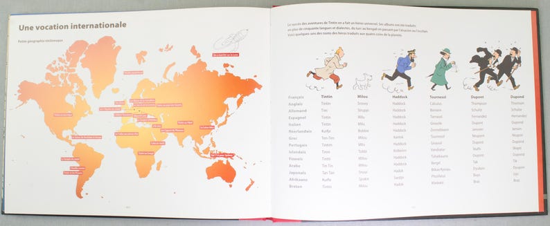 May include: A double-page spread from a book featuring a world map in shades of orange and red, with text in French. The right page shows cartoon figures running, with a list of names below. The text reads "Une vocation internationale."
