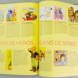 May include: An open book with yellow pages, featuring a timeline of comic strips. The pages display various comic panels with text and illustrations, including the years 1965, 1966, 1967, 1968, 1972, 1975, and 1980. The book is bound in blue.