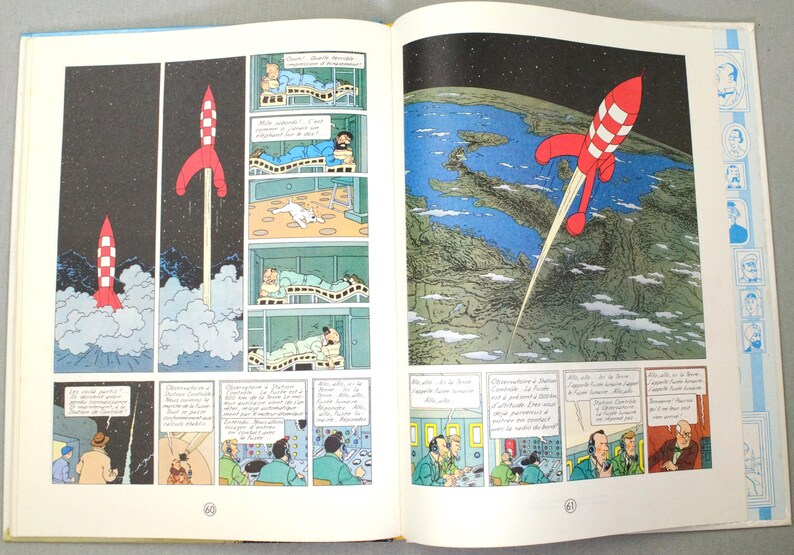 K&ouml;nnte beinhalten: Offenes Buch mit Comic-Strip-Illustrationen. Eine rot-wei&szlig;e Rakete startet ins All, mit Blick auf die Erde im Hintergrund. Weitere Panels zeigen Szenen mit Charakteren in Betten und einem Kontrollraum.